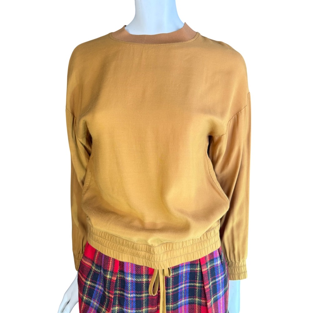 DKNY Mustard Yellow Long Sleeve Top Smocked Hem Blouson Minimalist Basic XSmall